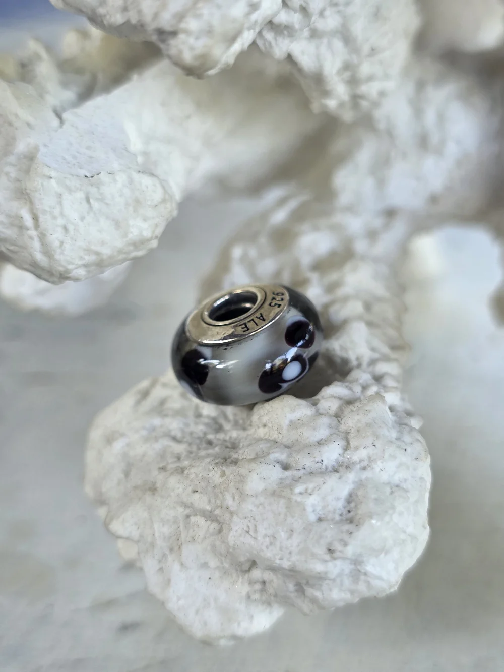 Pandora Gray Glass Charm with Black and White Dots